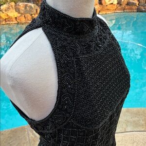 Gorgeous vintage Beaded silk Black Halter/ turtleneck Top stunning! Sz sm-med
